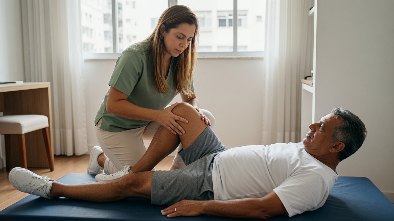 Fisioterapeuta realizando atendimento ortopédico domiciliar em paciente adulto.